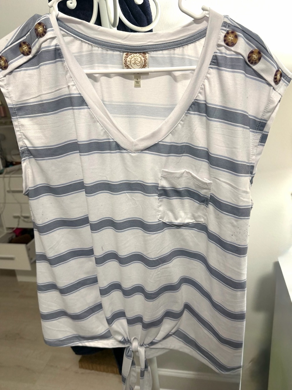 V-Neck Striped Tie-Hem Tank Top - Blue & White